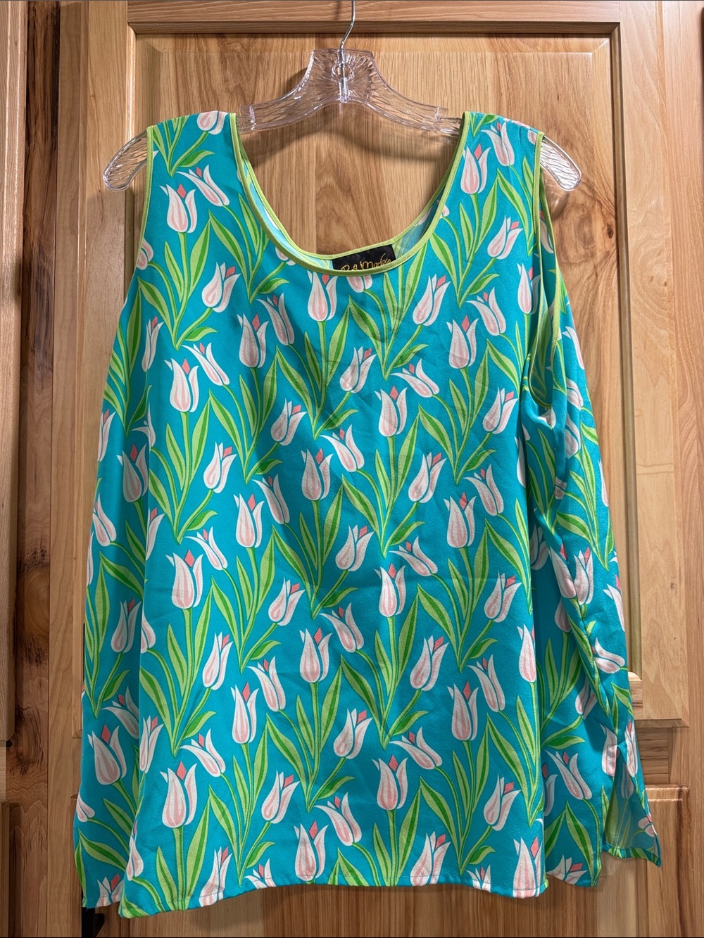 Bob Mackie 1X Silk Turquoise Grannycore Retro Tank Top with Pink Tulip Print